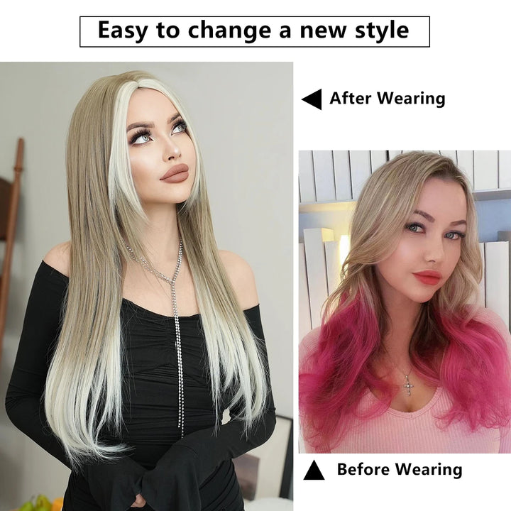 Synthetic hair wig with long straight hair, bangs, middle part, and highlight gray color. Perfect for women, cosplay, and drag queens.