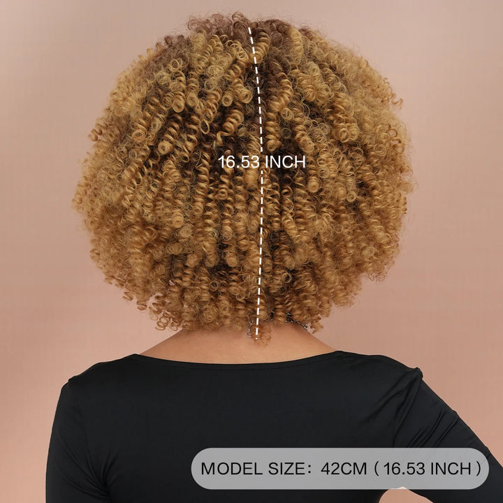 16" Curly Afro Wig with Bangs for Black Women. Kinky curly synthetic wig in ombre brown blonde.
