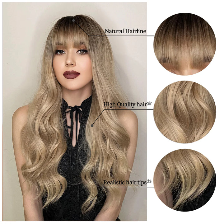 Blonde Ombre Long Wavy Wig with Bangs - Synthetic, Heat Resistant, Perfect for Cosplay