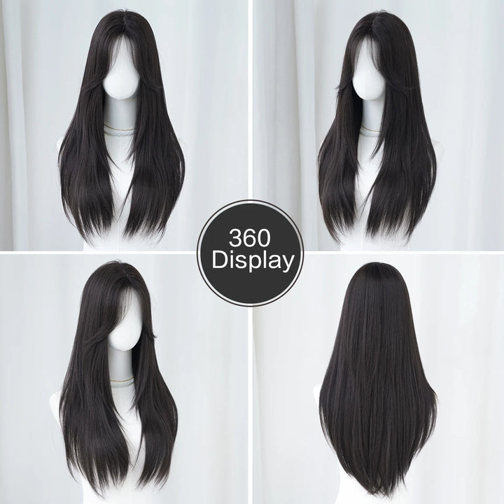 28-inch Layered Long Straight Black Middle-Parted Synthetic Matte Hair Wig for Women, Heat Resistant.