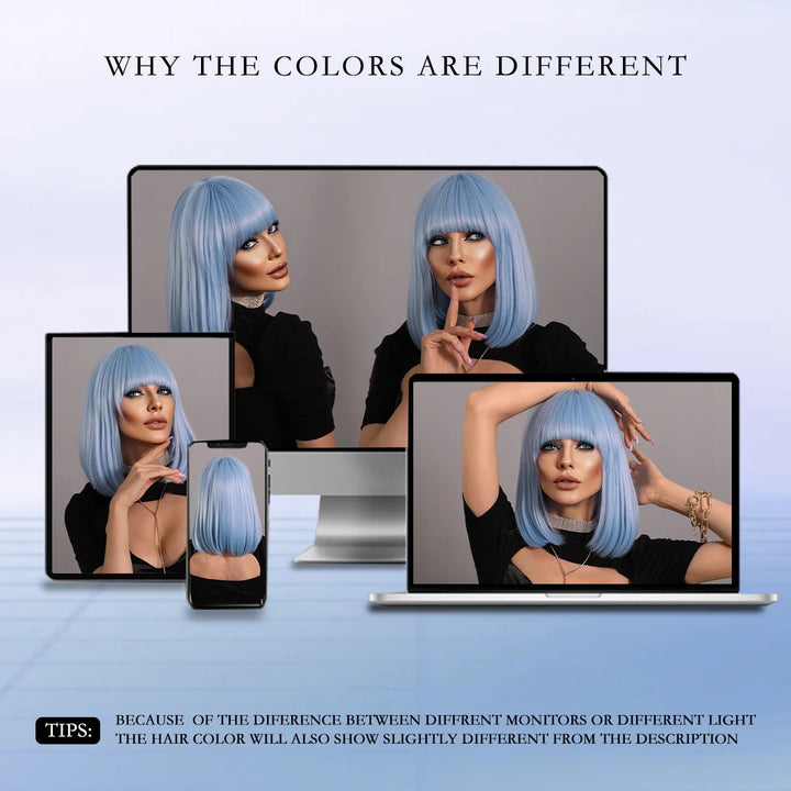 Light Blue Bob Wig with Bangs, Shoulder Length Synthetic Wig for Cosplay Party