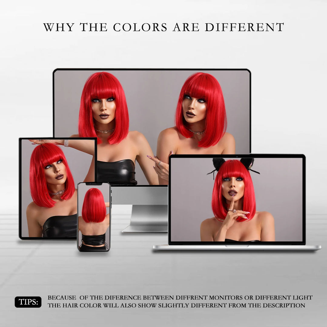 Short red wig with bangs for women, perfect for parties and cosplay. Made of heat-resistant synthetic material.