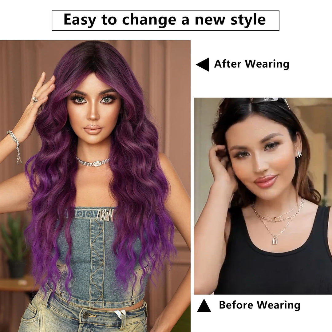 Ombre Purple Synthetic Hair Skunk Stripe Long Wavy Wigs, Heat Resistant Fiber, Wholesale, Natural Matt Wigs, 30 Inch