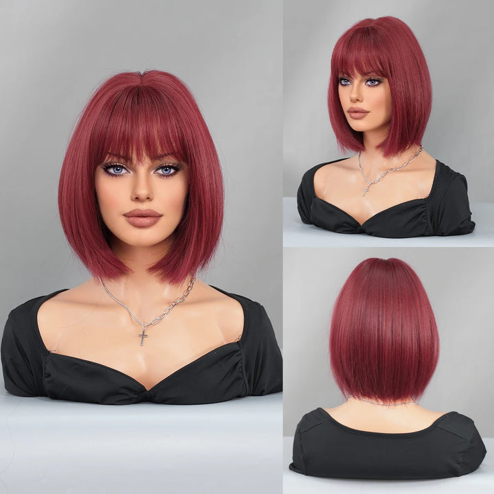 12-inch Short Bob Straight Wig with Bangs - Natural Red Yaki Synthetic Heat Resistant Burgundy Red Hair for Party Cosplay.