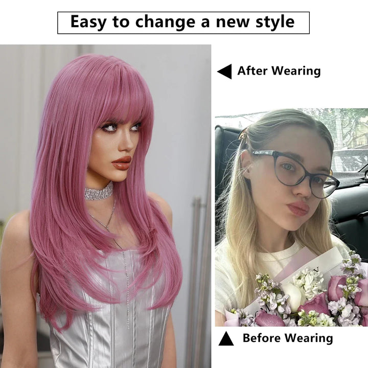 26" Long Wavy Red Layered Wig with Bangs, Synthetic Heat Resistant Hair for Daily Use.