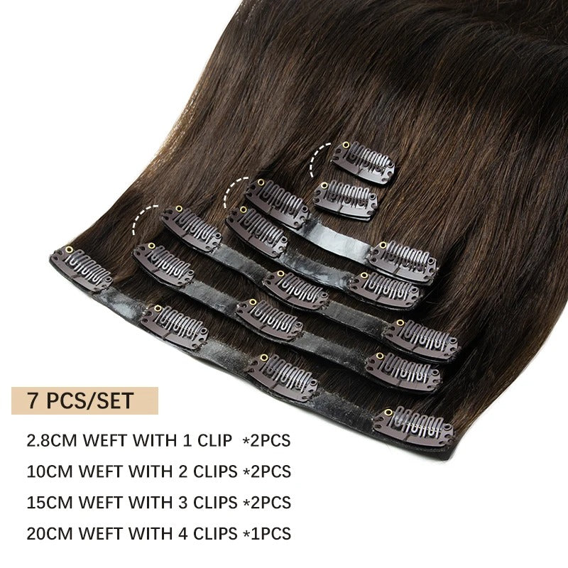Invisible Seamless PU Clip-In Human Hair Extensions – Thick PU Weft 7PCS Set | 100g-120g, 12"–24" | Raw Human Hair Clip-On