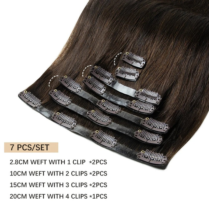 Invisible Seamless PU Clip-In Human Hair Extensions – Thick PU Weft 7PCS Set | 100g-120g, 12"–24" | Raw Human Hair Clip-On