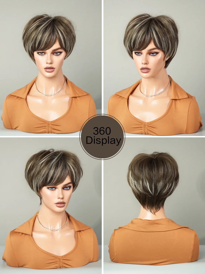 Ombre red pixie cut wig with bangs, cute and natural-looking. Short black and burgundy layered wavy style for women.