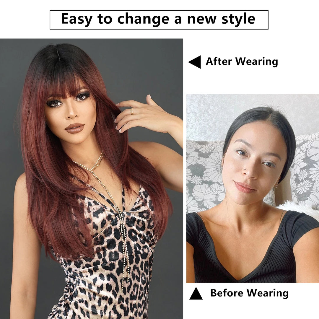26" Long Wavy Red Layered Wig with Bangs, Synthetic Heat Resistant Hair for Daily Use.