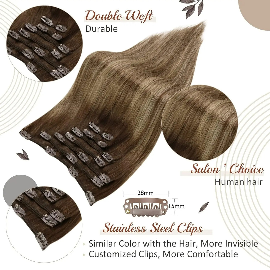 100% Human Hair Clip-In Extensions – Double Weft, 7PCS Set, 105g, for Women