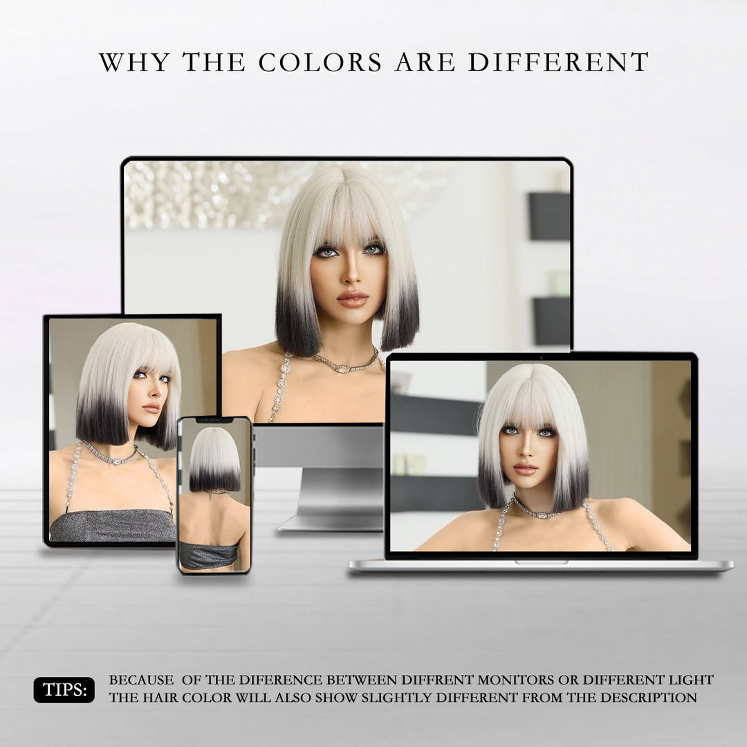 Ombre colored bob wig with bangs, perfect for cosplay or everyday wear.