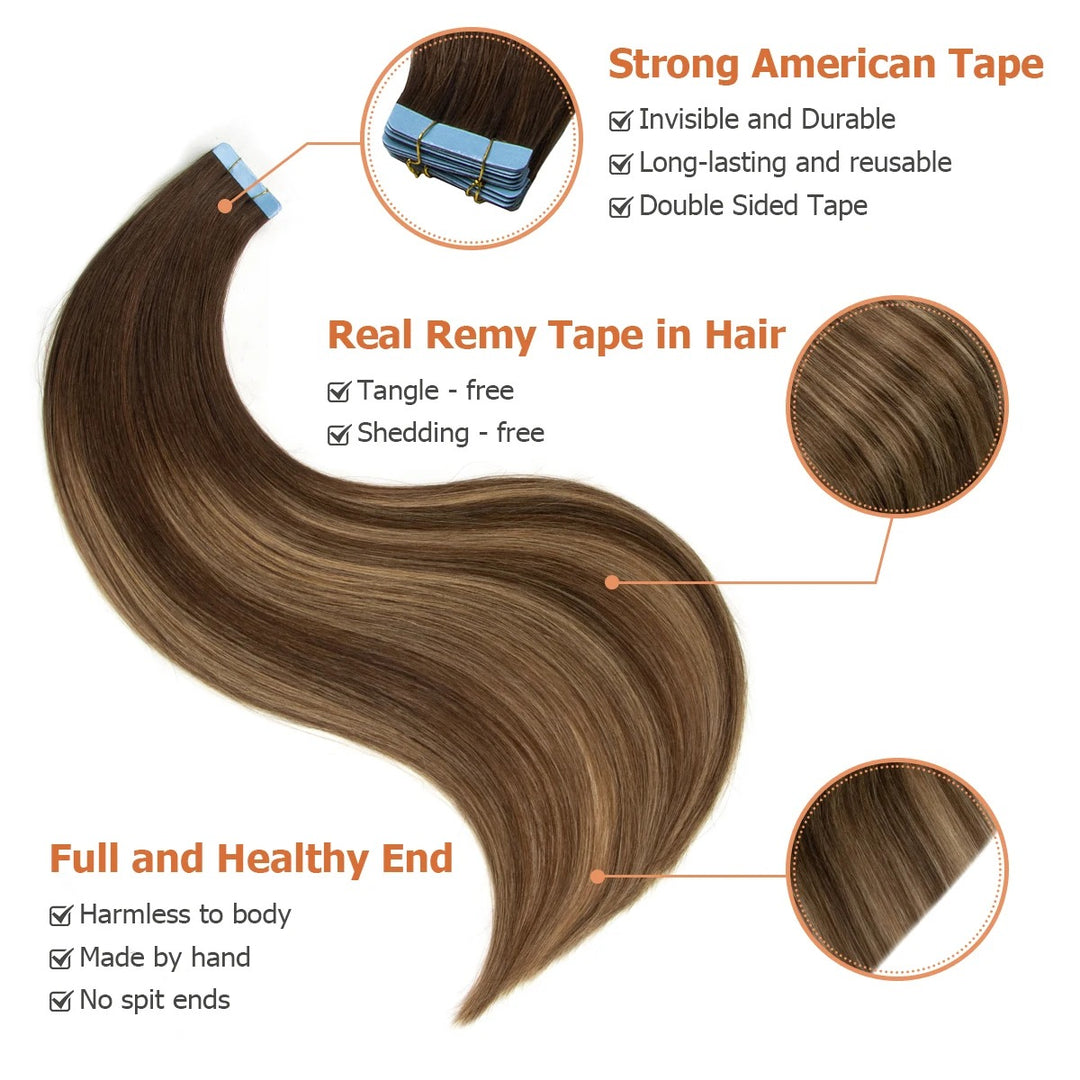 Tape-In Hair Extensions – 100% Remy Human Hair Skin Weft, Natural Seamless Tape-Ins, 12–24 Inch, 40–50g/Pack