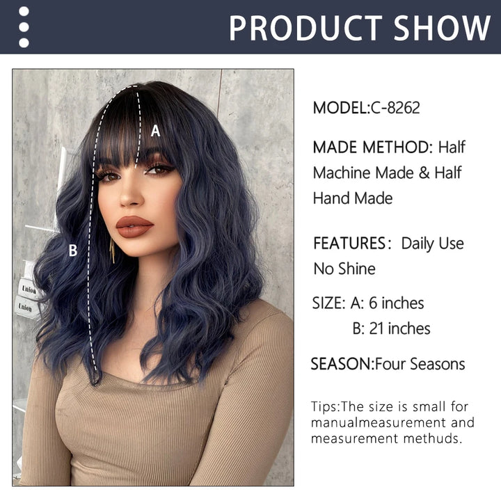 Short curly ombre blue wig with bangs for women. Shoulder-length wavy bob style made of synthetic hair. Perfect for daily wear, cosplay, and Halloween.