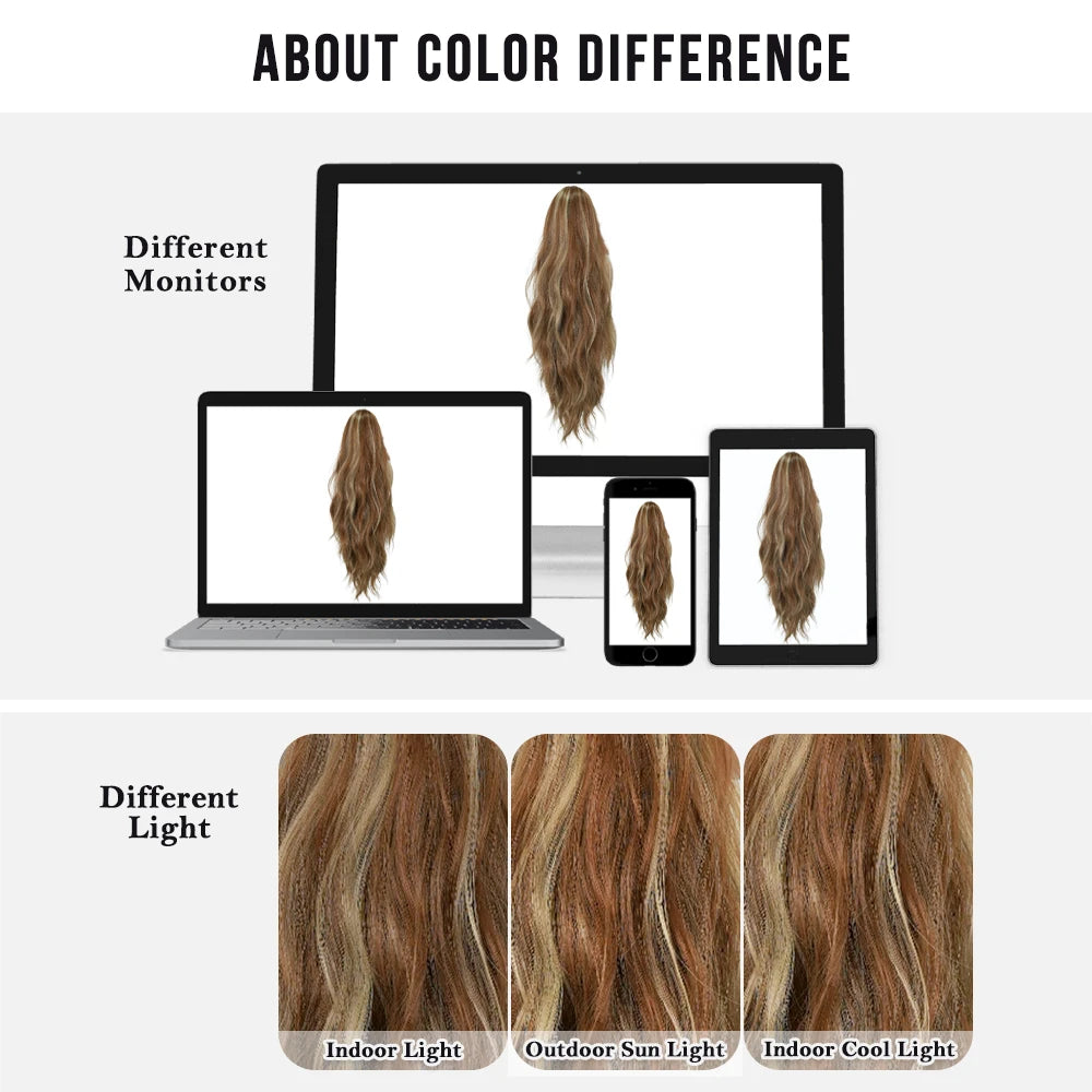 20 Inch Women's Wig with Cinnamon Gold Highlights Adjustable Size Black Curly Ponytail Synthetic Hair and Black Wig Clips