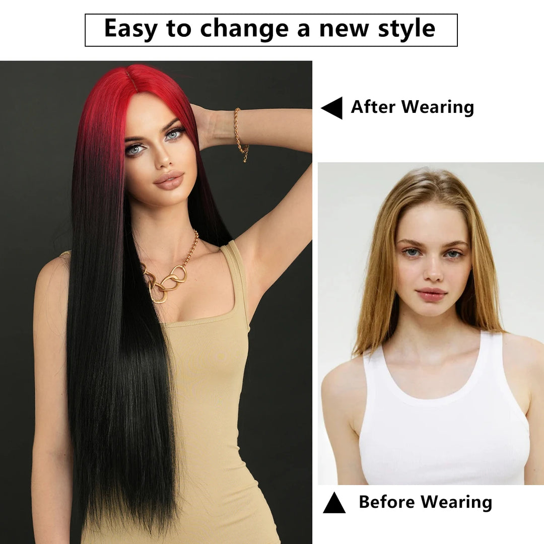 32" Ombre Red Synthetic Hair Wig with Bangs and Middle Part, Billie Eilish Style