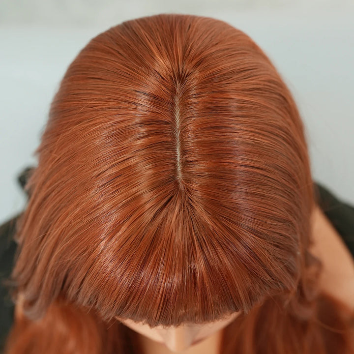 30 Inch Copper Orange Long Curly Synthetic Wig with Bangs for Women - Heat Resistant, Natural Hairline, Matte Finish - Perfect for Cosplay