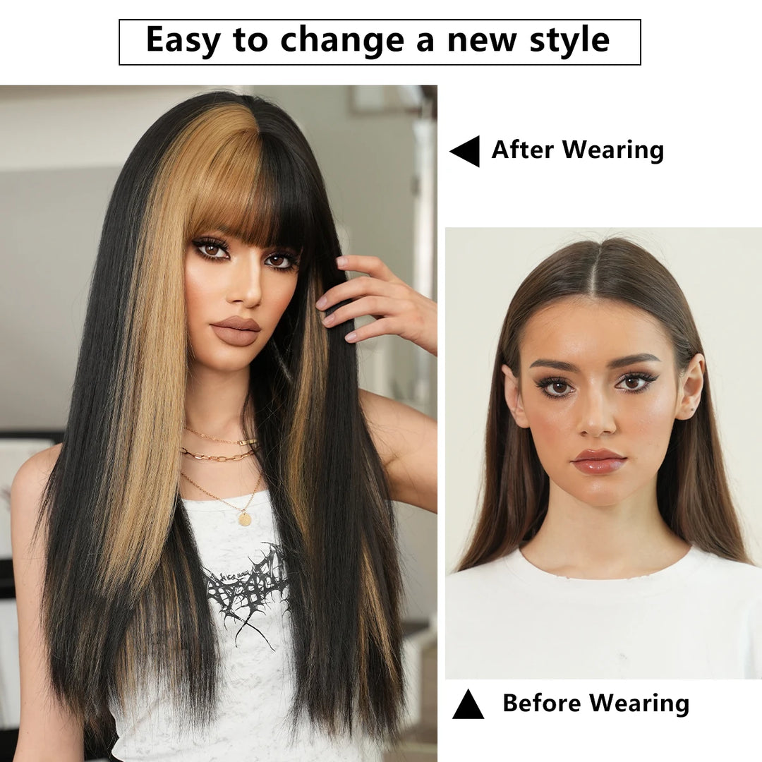 Orange Blonde Long Straight Wig with Bangs Synthetic Cruella De Vil Costume Hair Wig for Women Cosplay Anime Party Halloween.
