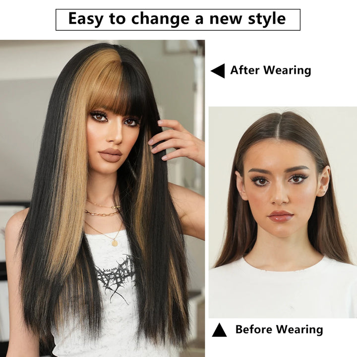 Orange Blonde Long Straight Wig with Bangs Synthetic Cruella De Vil Costume Hair Wig for Women Cosplay Anime Party Halloween.