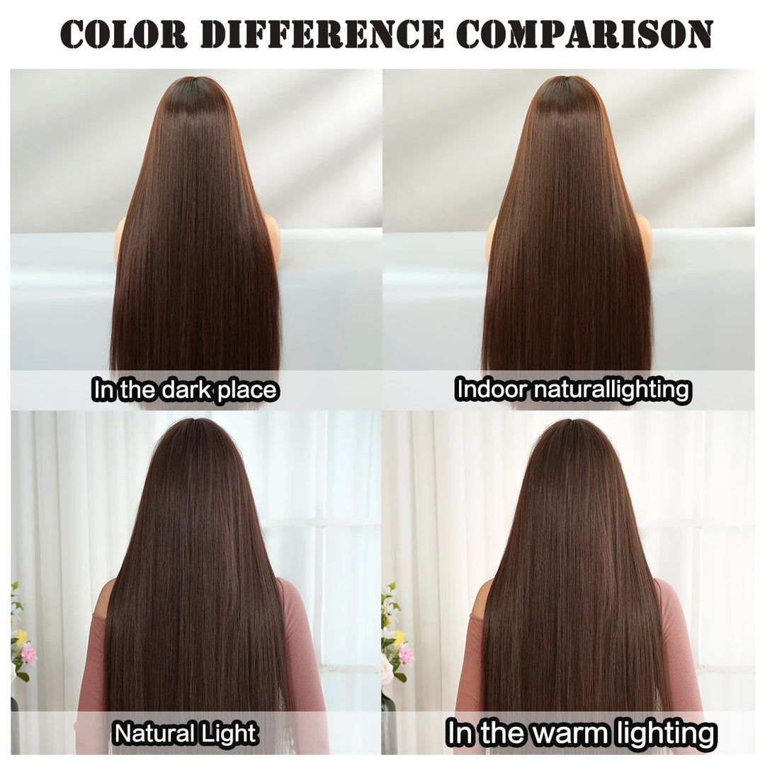 28 Inch Natural Black Wig with Bangs Extra Long Straight Wig for Women. This wig is natural-looking and comes in black-brown synthetic material.