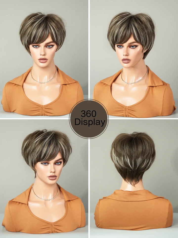 Ombre red pixie cut wig with bangs, cute and natural-looking. Short black and burgundy layered wavy style for women.