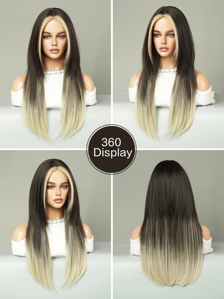 Synthetic hair wig with long straight hair, bangs, middle part, and highlight gray color. Perfect for women, cosplay, and drag queens.