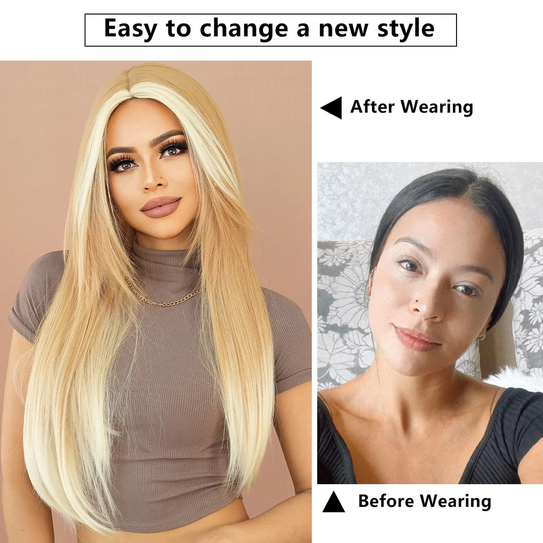 Synthetic hair wig with long straight hair, bangs, middle part, and highlight gray color. Perfect for women, cosplay, and drag queens.