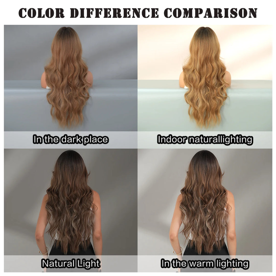 Ombre Brown Long Curly Hair Wig with Bangs for Women - 28 Inches