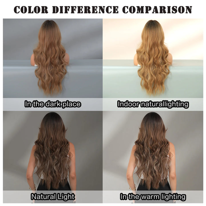 Ombre Brown Long Curly Hair Wig with Bangs for Women - 28 Inches