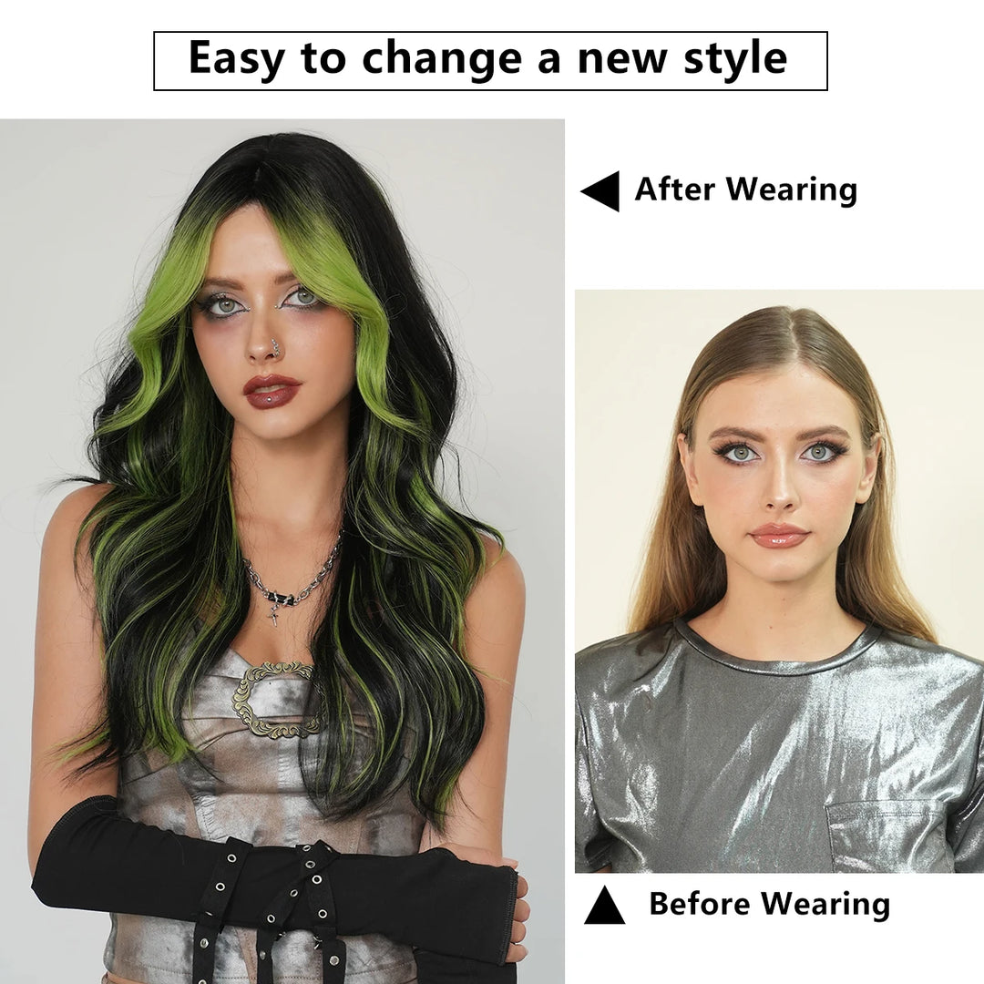 Black Green Synthetic Hair Skunk Stripe Long Wavy Wig, 26 Inch, Heat Resistant Fiber, Wholesale, Natural Matt.