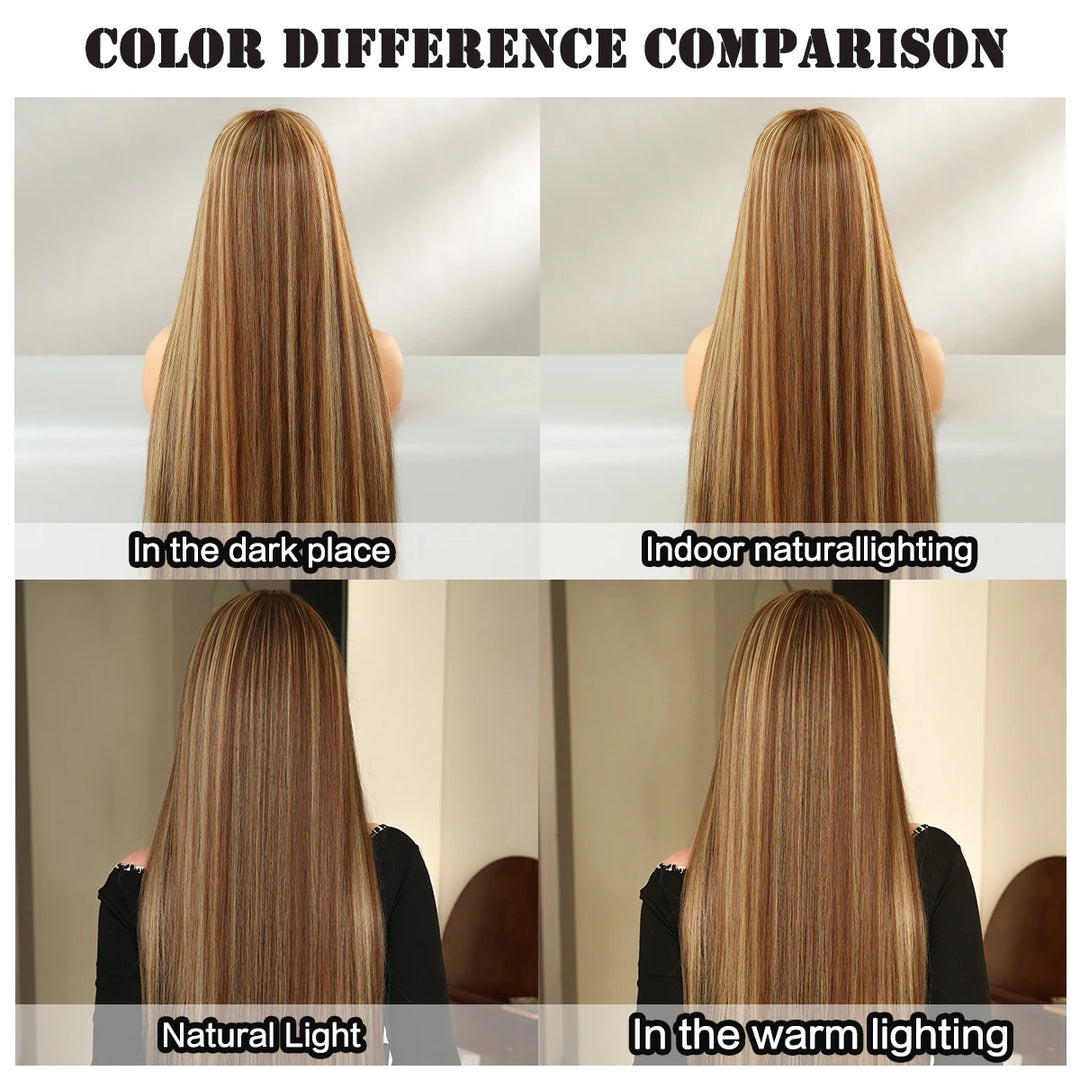 28 Inch Natural Black Wig with Bangs Extra Long Straight Wig for Women. This wig is natural-looking and comes in black-brown synthetic material.