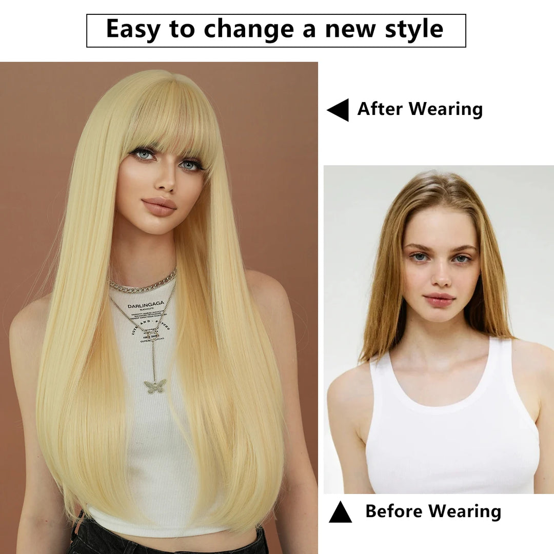 High-quality long straight blonde synthetic hair with bangs for women. Heat-resistant fiber wig, hot selling 28 inches.