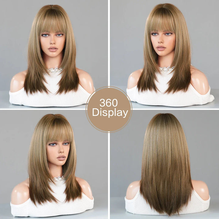Ombre Blonde Wigs for Women Medium Length Straight Layered Synthetic Wigs With Bangs