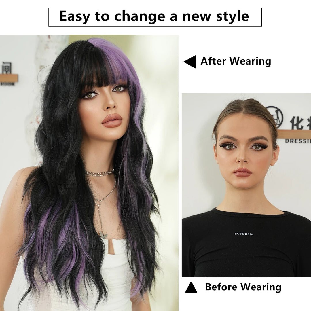 28in Long Wavy Black Purple Highlight Wig, Natural Heat Resistant Synthetic Curly Style with Bangs for Women.