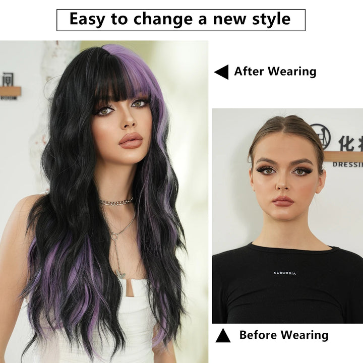 28in Long Wavy Black Purple Highlight Wig, Natural Heat Resistant Synthetic Curly Style with Bangs for Women.