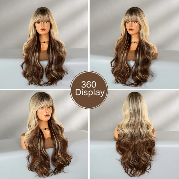 30" Ombre Blonde Curly Synthetic Wig with Bangs for Women. Heat resistant, natural hairline, matte finish. Perfect for cosplay