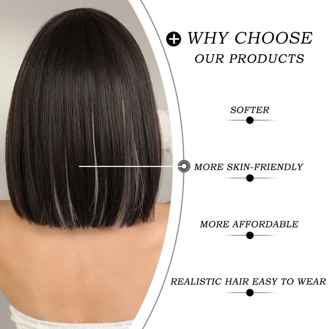 Black Bob Wigs with Bangs, Synthetic Straight Bob Wigs for Women, Heat Resistant 12 in Hair