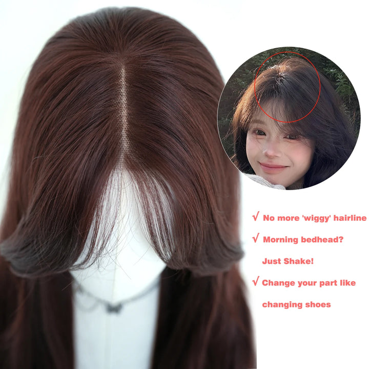 Monotop U Part Lace Long Curly Wig with Bangs for Women, 26 Inches, Heat Resistant Synthetic Brown Wig