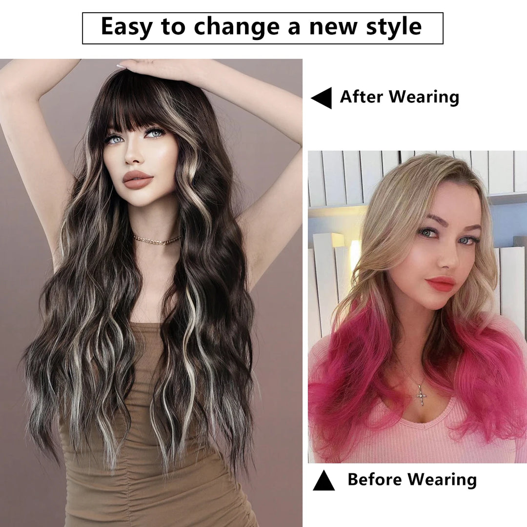 Brown wig with bangs, long wavy style with mixed blonde highlights. Made from natural curly synthetic fiber, resistant to heat. Perfect for daily use by women.
