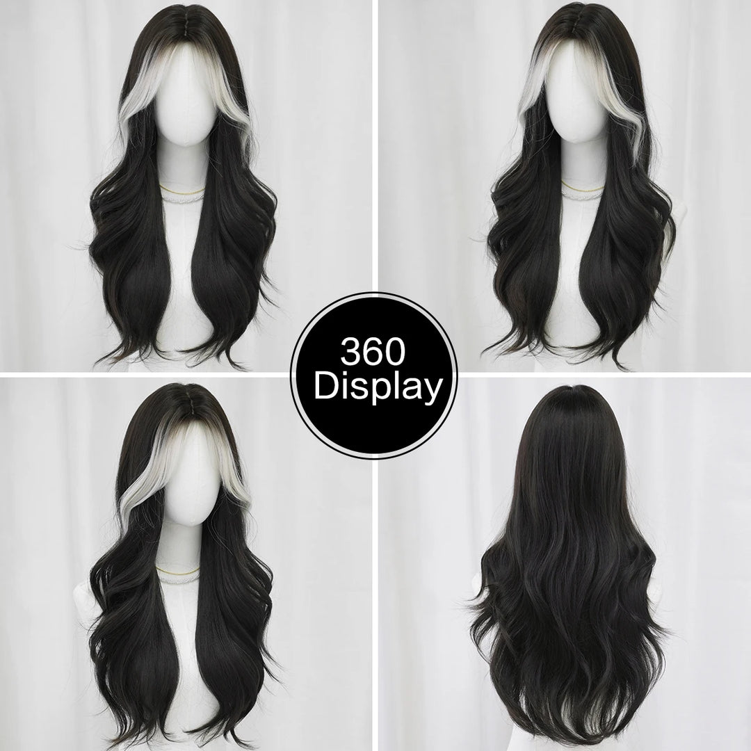28-inch long highlighted black curly hair with bangs synthetic matte hair wig for women. Heat resistant.