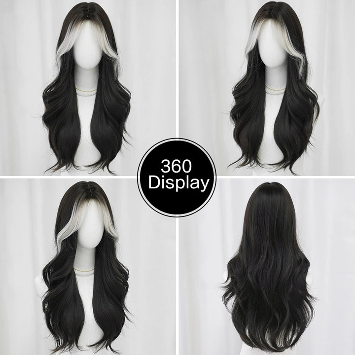 28-inch long highlighted black curly hair with bangs synthetic matte hair wig for women. Heat resistant.