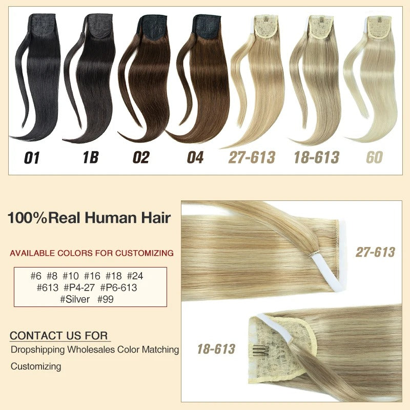 Ponytail Human Hair – Real Remy Hair Clip-In Wrap Around Ponytail Extension | Natural Straight Hair Extensions | Blonde, Brown, Black