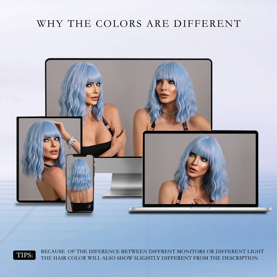 Blue curly bob wig with bangs for women, perfect for Halloween or cosplay parties.