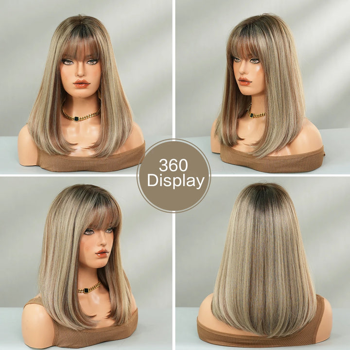 16" Ombre Brown Shoulder Length Straight Synthetic Heat Resistant Wig for Women with Natural Hairline. Matte finish.