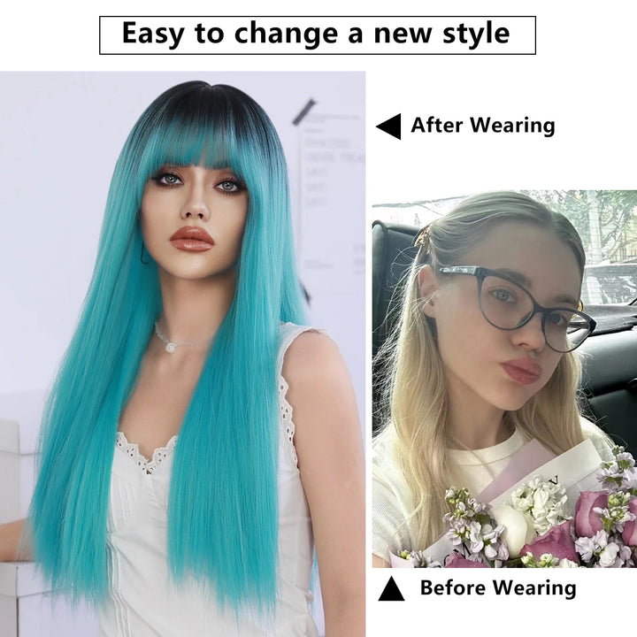 Turquoise Ombre Synthetic Wig with Bangs - Heat Resistant, Bluish Green with Black Roots for a Natural Look.