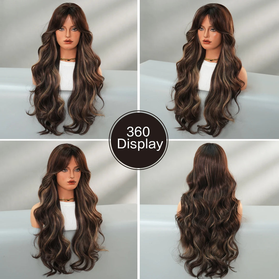 30-inch long curly highlighted brown synthetic hair wig. Made from heat-resistant fiber for a natural matte finish. Peluca.