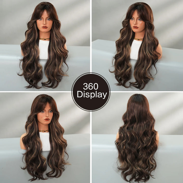 30-inch long curly highlighted brown synthetic hair wig. Made from heat-resistant fiber for a natural matte finish. Peluca.