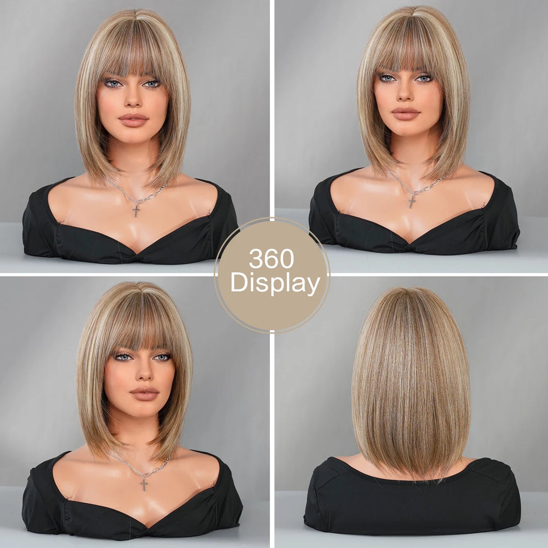 Black Bob Wigs with Bangs, Synthetic Straight Bob Wigs for Women, Heat Resistant 12 in Hair