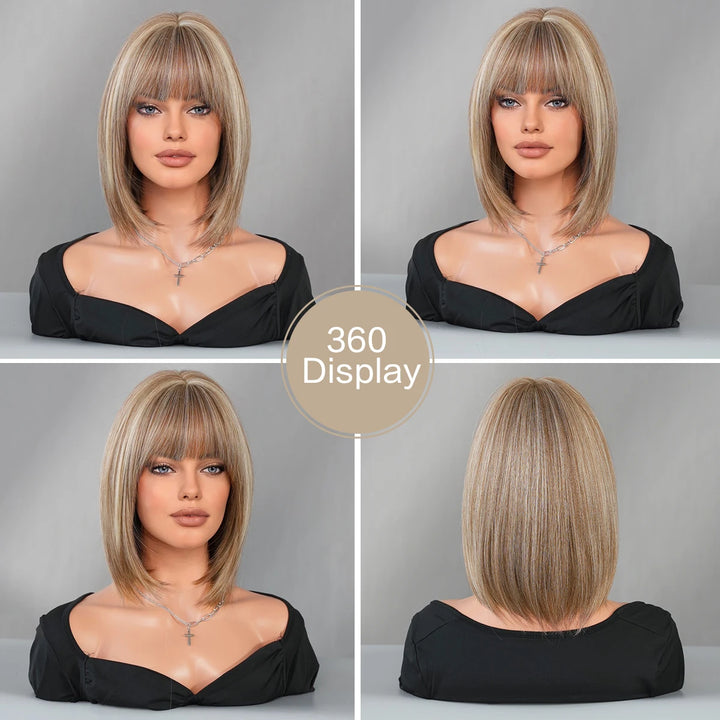 Black Bob Wigs with Bangs, Synthetic Straight Bob Wigs for Women, Heat Resistant 12 in Hair