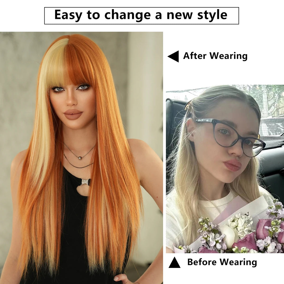 Orange Blonde Long Straight Wig with Bangs Synthetic Cruella De Vil Costume Hair Wig for Women Cosplay Anime Party Halloween.