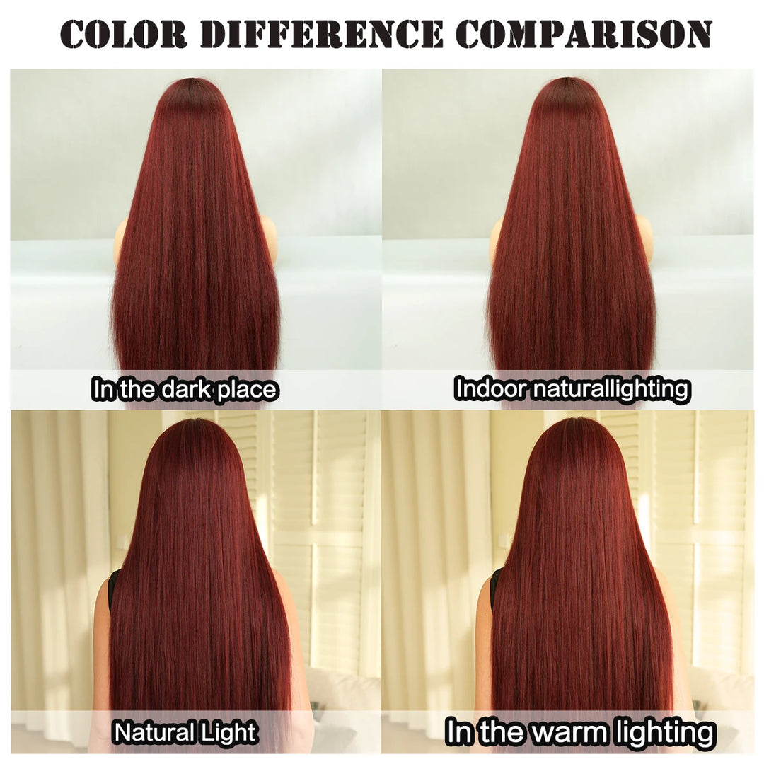 28 Inch Natural Black Wig with Bangs Extra Long Straight Wig for Women. This wig is natural-looking and comes in black-brown synthetic material.